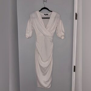 Boohoo Formal Curve Hugging Stretchy White Wrap Dress